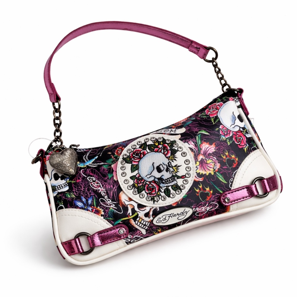 Ed Hardy Skull Rose Rhinestone Shoulder Bag Pink Black Y2K NWT Embroidered Patch